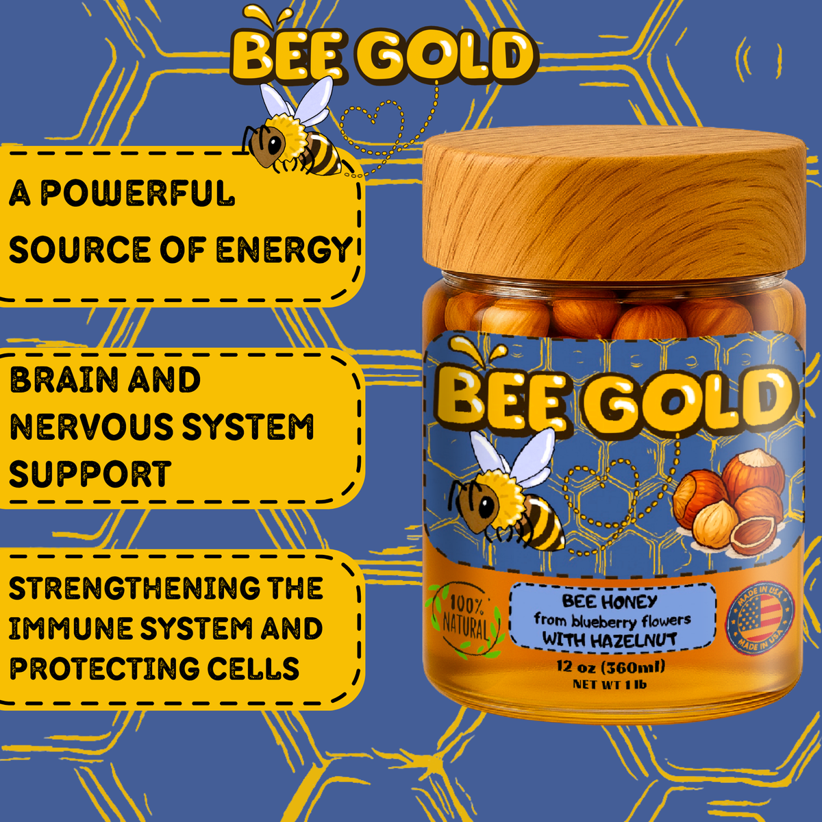 Bee Gold β Raw Blueberry Blossom Honey with Hazelnuts 12 oz