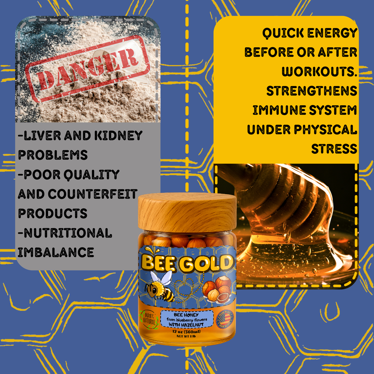 Bee Gold β Raw Blueberry Blossom Honey with Hazelnuts 12 oz