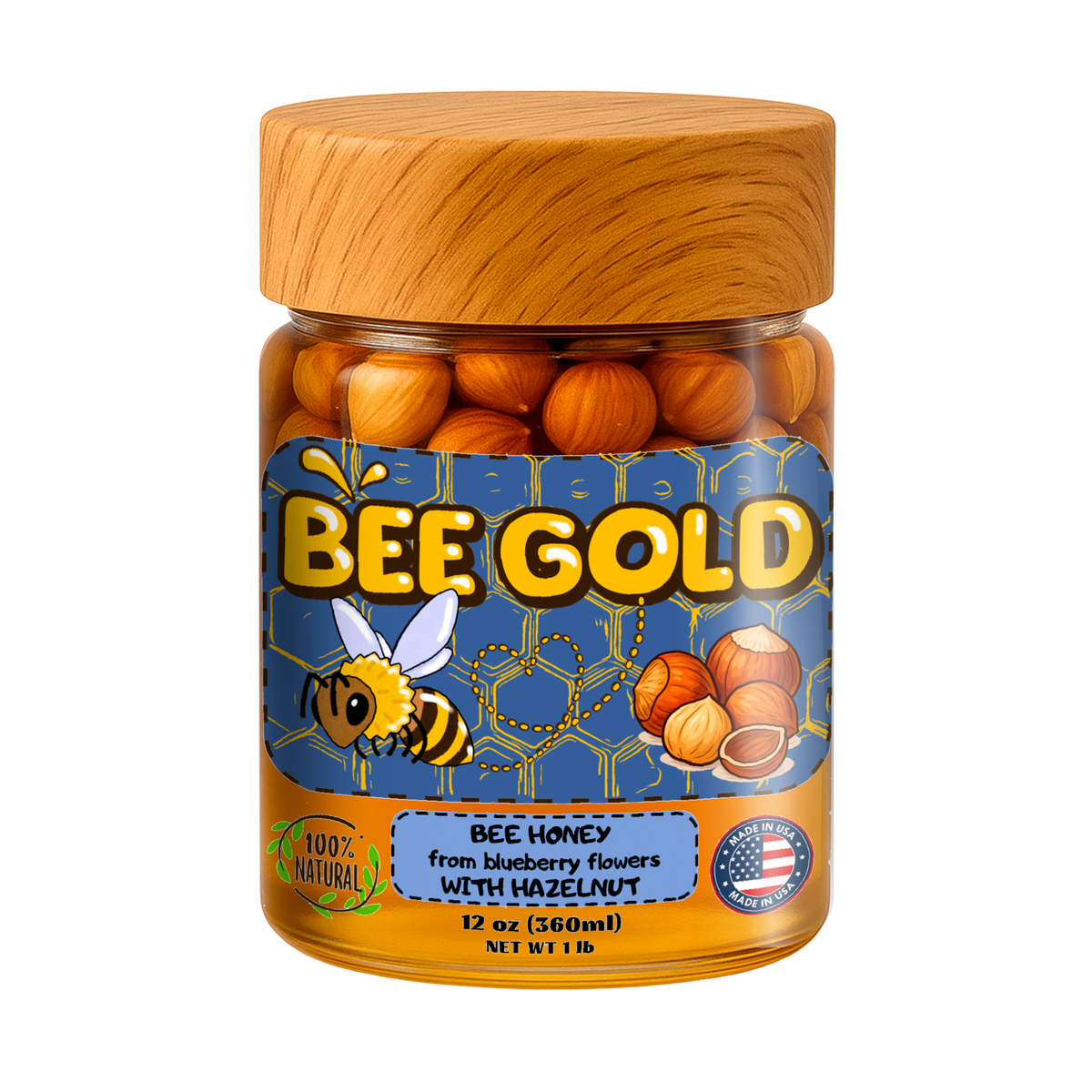 Bee Gold β Raw Blueberry Blossom Honey with Hazelnuts 12 oz