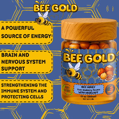 Bee Gold – Raw Blueberry Blossom Honey with Hazelnuts 12 oz
