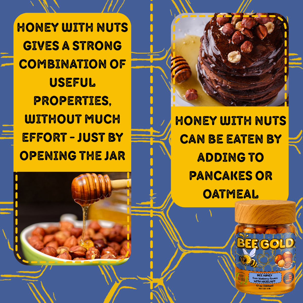 Bee Gold – Raw Blueberry Blossom Honey with Hazelnuts 12 oz