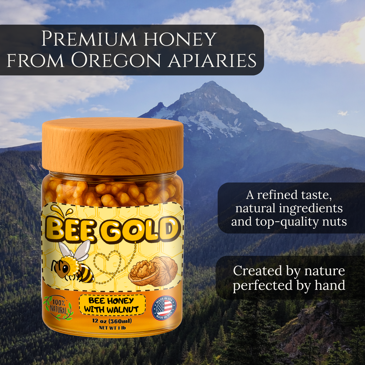 Bee Gold Raw Honey with Whole Walnuts 12 oz