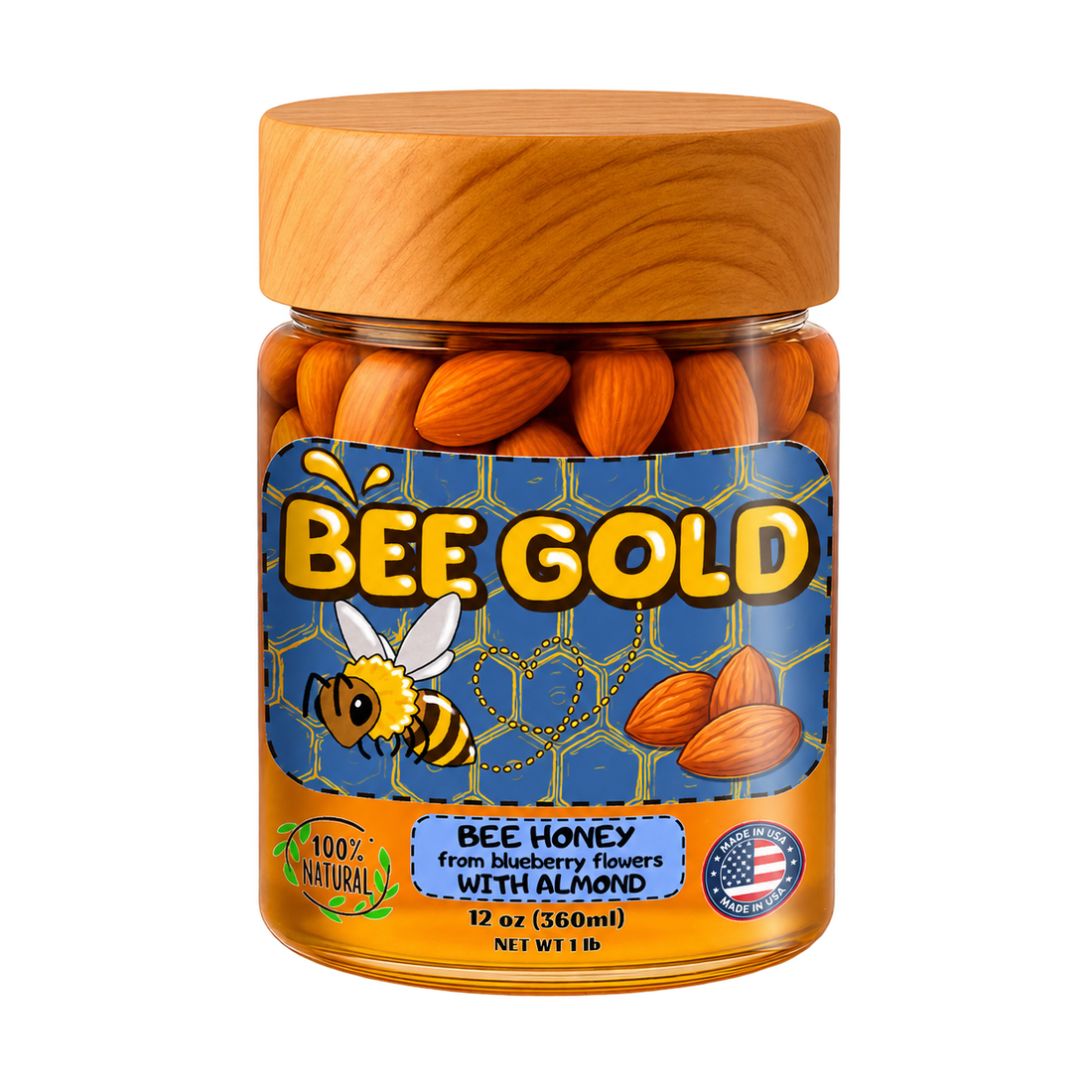 Bee Gold – Raw Blueberry Blossom Honey with Almond 12 oz