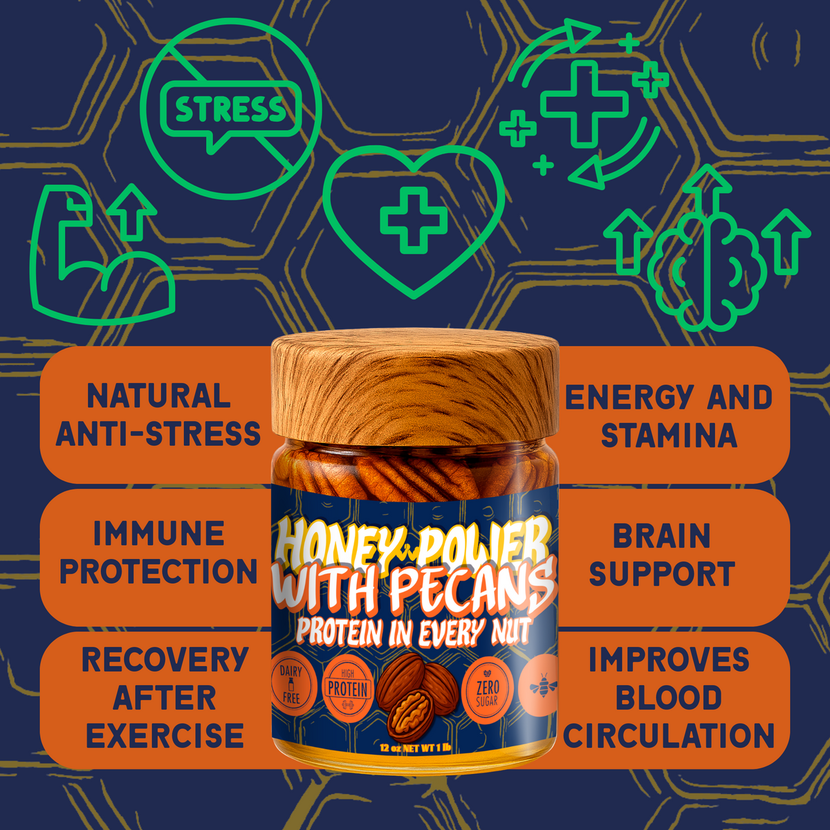 Honey Power with Pecans - Natural Honey Protein in Every Nut 12 oz