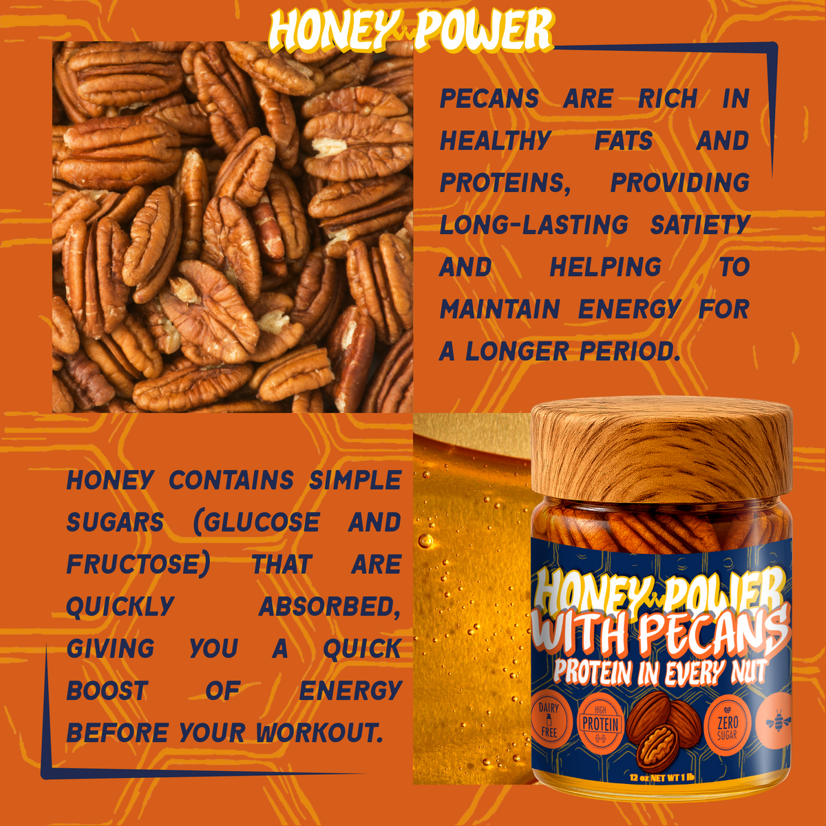 Honey Power with Pecans - Natural Honey Protein in Every Nut 12 oz