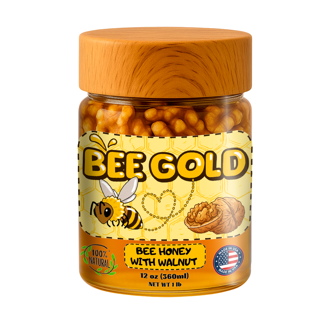 Bee Gold Raw Honey with Whole Walnuts 12 oz