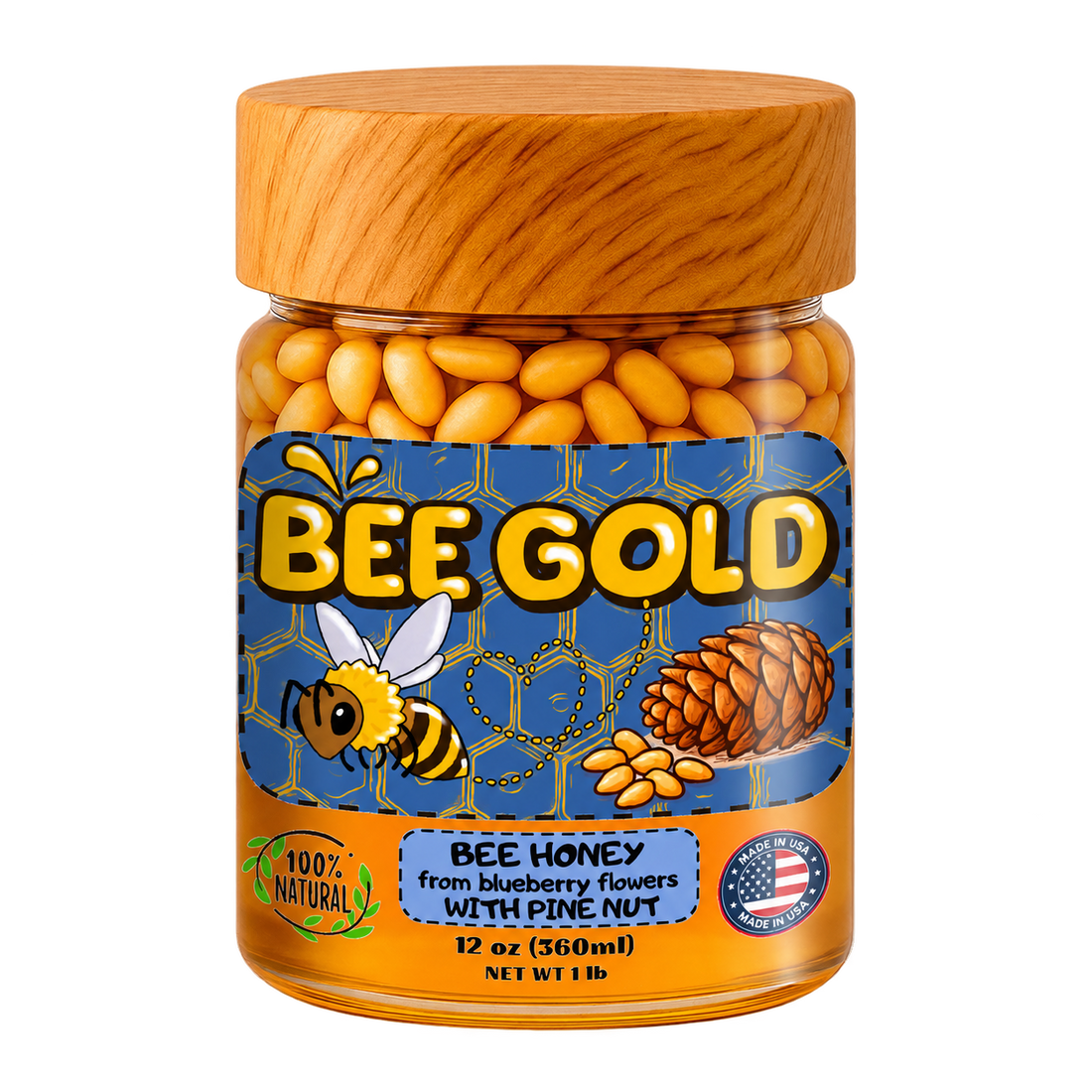Bee Gold – Raw Blueberry Blossom Honey with Pine Nuts 12 oz