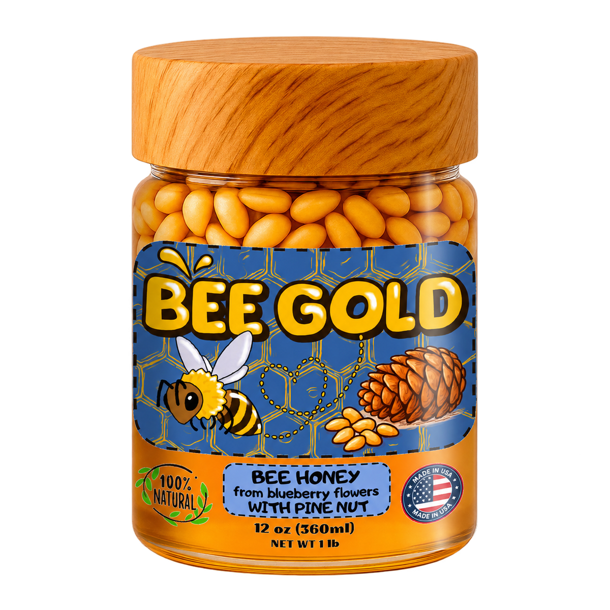 Bee Gold – Raw Blueberry Blossom Honey with Pine Nuts 12 oz