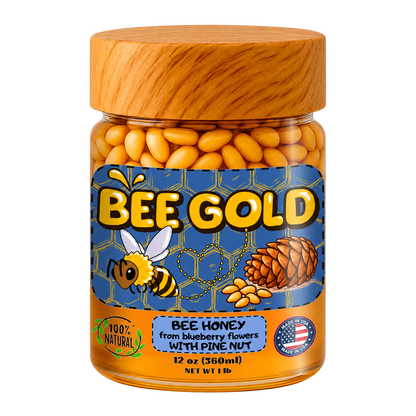Bee Gold – Raw Blueberry Blossom Honey with Pine Nuts 12 oz